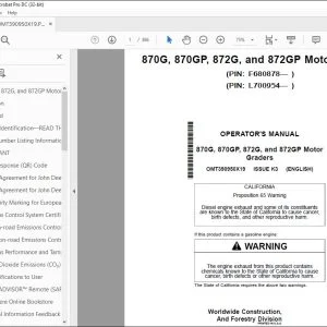 John Deere 870G 870GP 872G & 872GP Operator's Manual OMT390950X19 PDF