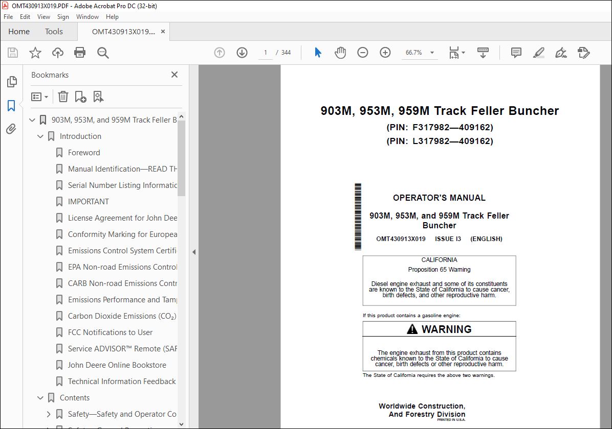 John Deere 903M 953M & 959M Buncher Operator's Manual OMT430913X019 PDF ...