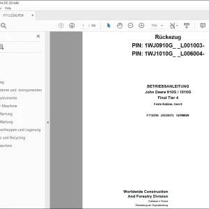 John Deere 910G / 1010G Final Tier 4 Rückezug BETRIEBSANLEITUNG F712256 PDF