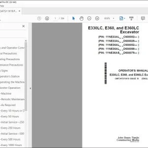 John Deere E330LC, E360 & E360LC Excavator Operator's Manual PDF