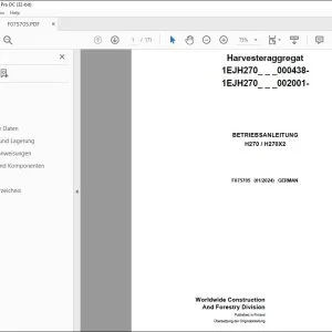 John Deere H270 / H270X2 Harvesteraggregat BETRIEBSANLEITUNG F075705 PDF