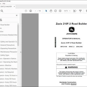John Deere Zaxis 210F-3 Road Builder Operator's Manual OMT231446 PDF