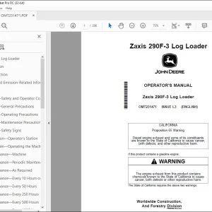 John Deere Zaxis 290F-3 Log Loader Operator's Manual OMT231471 PDF
