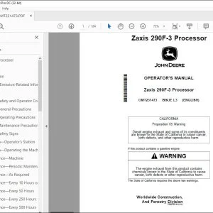 John Deere Zaxis 290F-3 Processor Operator's Manual OMT231473 PDF