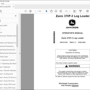 John Deere Zaxis 370F-3 Log Loader Operator's Manual OMT231483 PDF