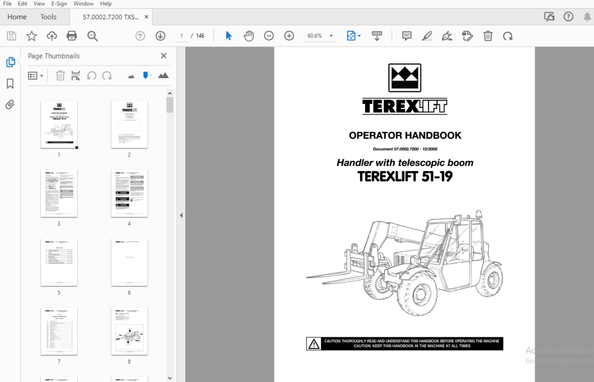 Terex Lift 51-19 Handler With Telescopic Boom Operator's Manual PDF ...