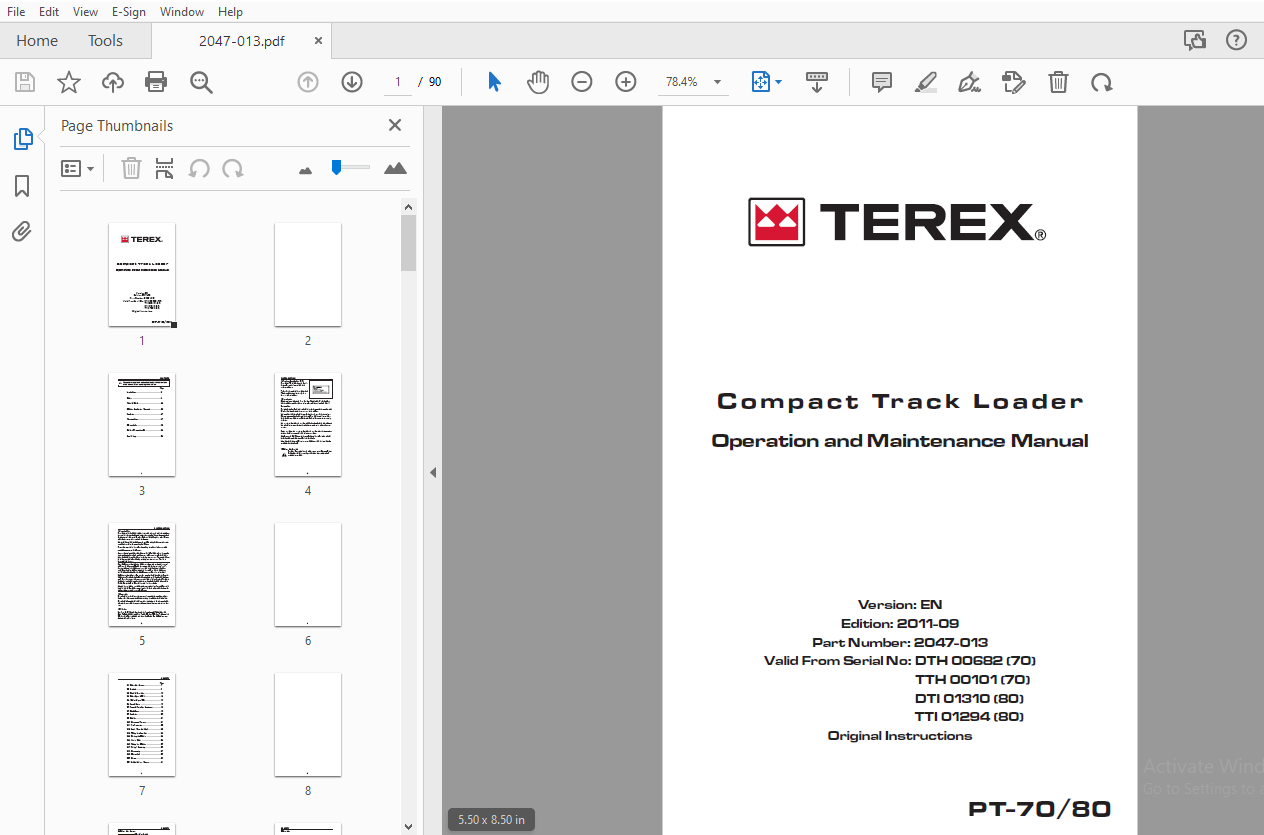 Terex PT-70/80 Compact Track Loader Operation & Maintenance Manual ...