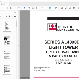Terex Series AL4000D1 Light Tower Operation/Service & Parts Manual - PDF