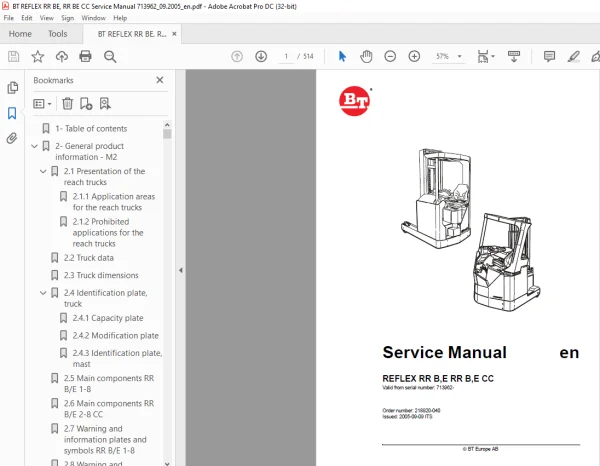 BT Electric Forklift REFLEX RR B,E RR B,E CC Service Manual – PDF ...