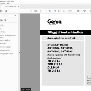 Genie Lift Avstenging ved overtrykk S and Z Booms Tillegg til brukerhåndbok PDF