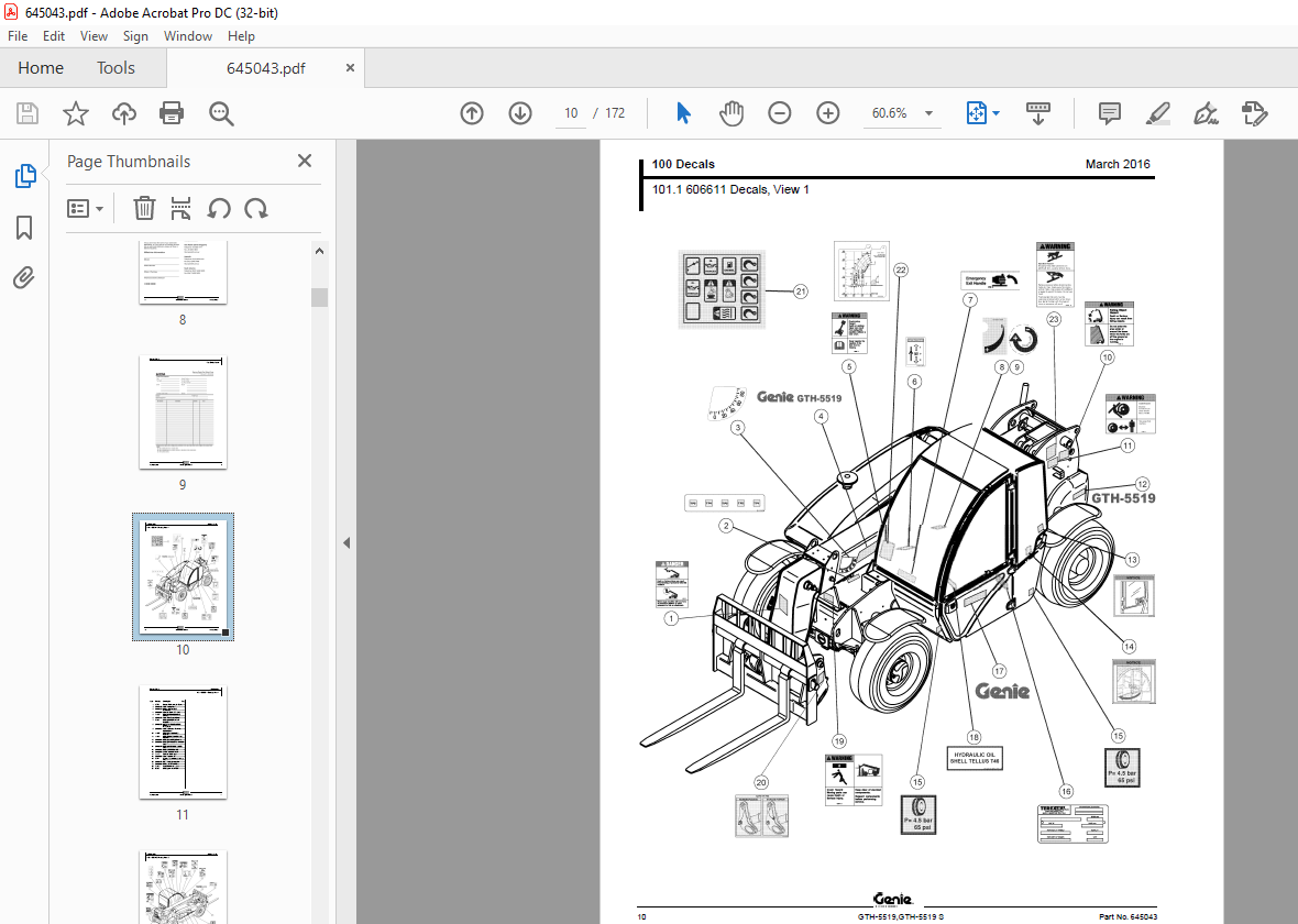 Genie Telehandlers GTH-5519 GTH-5519 S Parts Manual 645043 ...