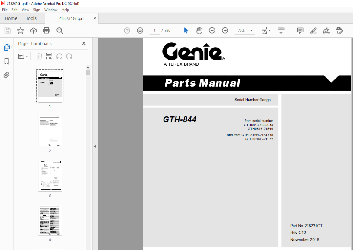 Genie Telehandlers GTH-844 Parts Manual 218231GT - PDF DOWNLOAD ...