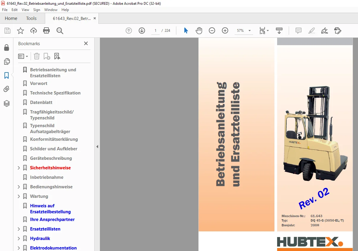 Hubtex Forklift MQ40 Betriebsanleitung und Ersatzteilliste Manual 61643 - Image 2