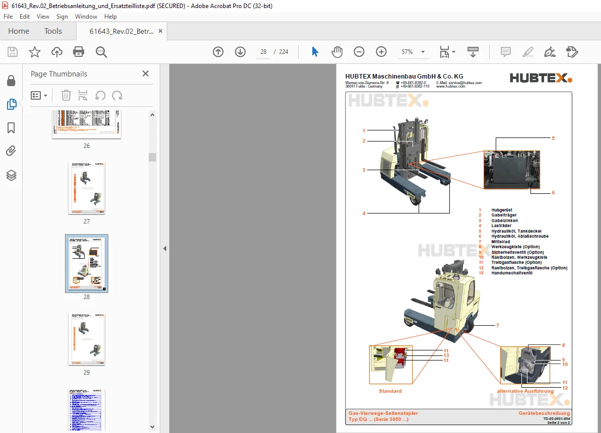 Hubtex Forklift MQ40 Betriebsanleitung und Ersatzteilliste Manual 61643 - Image 3