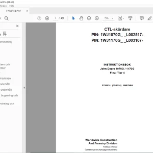 John Deere 1070G / 1170G Final Tier 4 Skördare INSTRUKTIONSBOK F708874 PDF