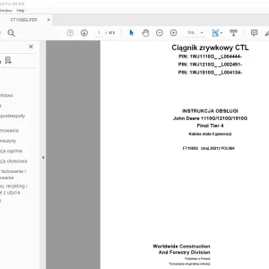 John Deere 1110G/1210G/1510G Final Tier 4 Ciągnik INSTRUKCJA OBSŁUGI PDF