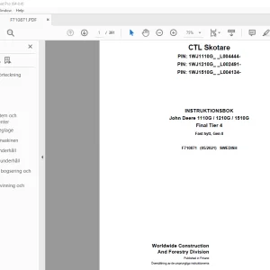 John Deere 1110G / 1210G / 1510G Final Tier 4 Skotare INSTRUKTIONSBOK PDF
