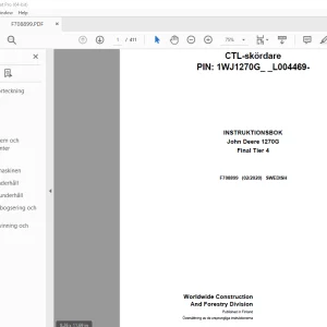 John Deere 1270G Final Tier 4 Skördare INSTRUKTIONSBOK F708899 PDF