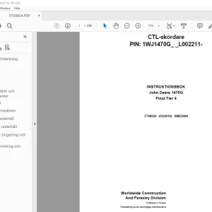 John Deere 1470G Final Tier 4 Skördare INSTRUKTIONSBOK F708924 PDF