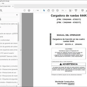 Manual del Operador John Deere Cargadora de Ruedas 644K PDF