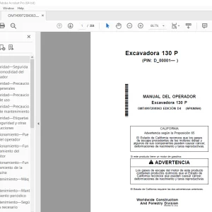 Manual de Operación John Deere Excavadora 130 P (OMT499729X063) PDF