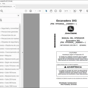 John Deere Excavadora 30G MANUAL DEL OPERADOR OMT398500X63 PDF
