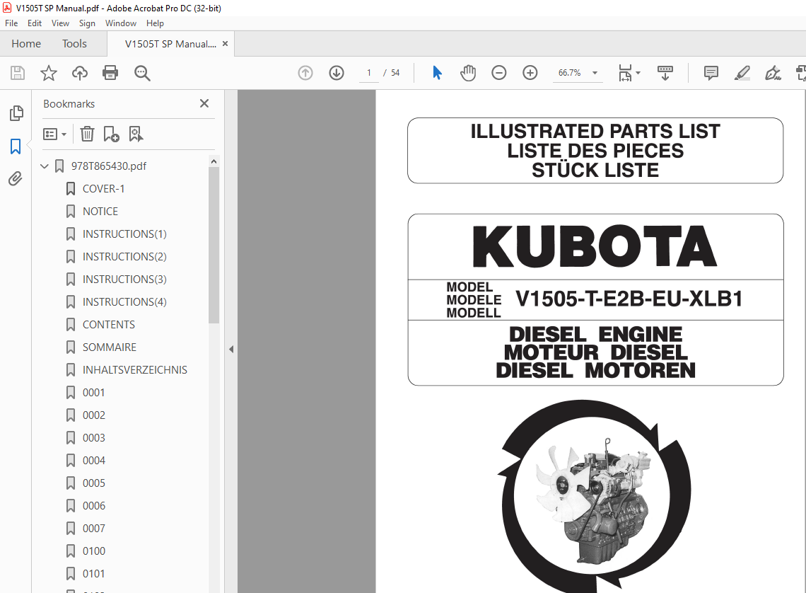 KUBOTA V1505-T T-E2B-EU-XLB1 Diesel Engine Parts List Manual ...