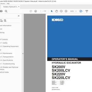 Kobelco SK200V SK200LCV SK220V SK220LCV Excavator Operator's Manual PDF