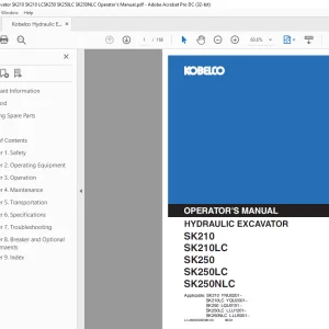 Kobelco SK210 SK210LC SK250 SK250LC SK250NLC Excavator Operator's Manual PDF