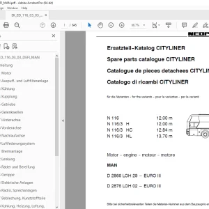 Man Neoplan N 116 N 116/3 H HC HL CITYLINER MAN Motor Ersatzteil-Katalog PDF