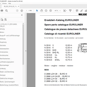Man Neoplan N 3316 Ü K SHD SHD RL ÜL KL SHDL EUROLINER MAN Motor Ersatzteil-Katalog PDF