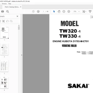 Sakai Vibrating Roller TW320-1 TW330-1 ENGINE KUBOTA D1703-M-ET01 Parts Manual