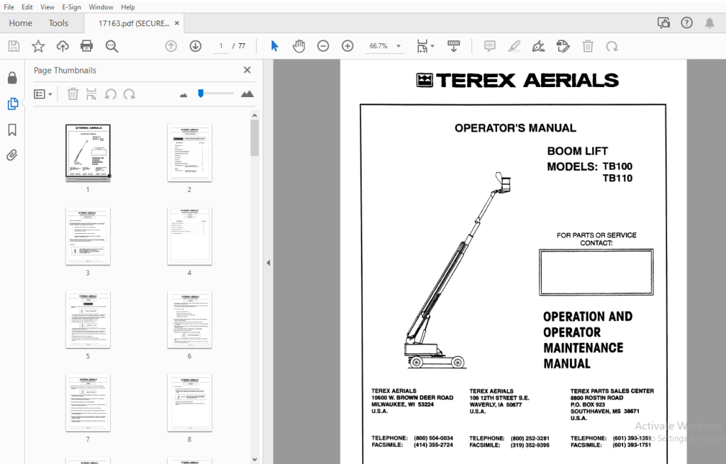 TEREX AERIALS TB100 TB110 BOOM LIFT OPERATOR'S MANUAL 17163 - PDF ...