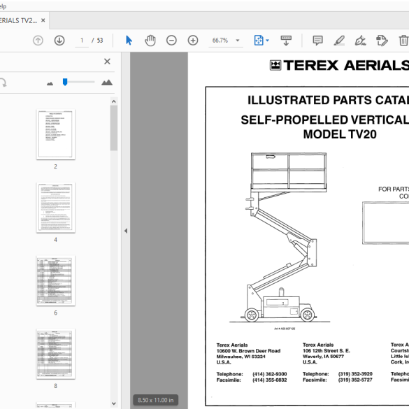 TEREX AERIALS TV20 SELF-PROPELLED VERTICAL LIFT ILLUSTRATED PARTS ...