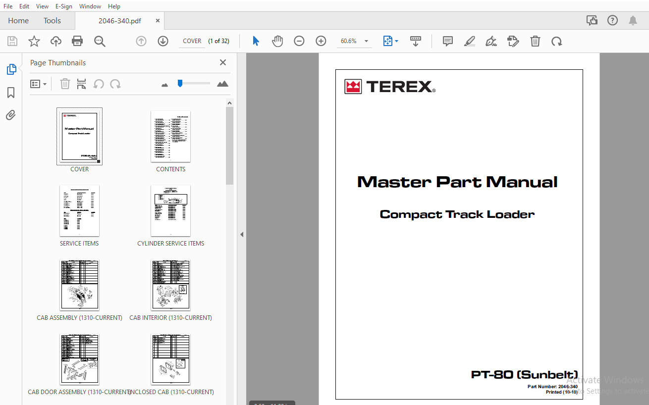 Terex PT-80 (Sunbelt) Compact Track Loader Master Part Manual 2046-340 ...