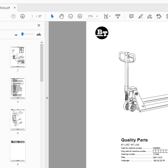 BT Forklift BT L20Z/BT L20L Quality Parts Manual 2400000 - HeyDownloads ...