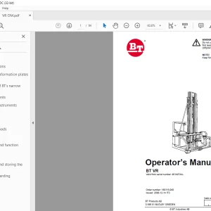 BT Forklift BT VR Operator’s Manual SN401497AA PDF