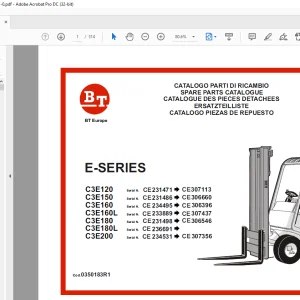 BT Forklift E-SERIES C3E120 C3E150 C3E160 C3E160L C3E180 C3E180L C3E200 Parts Manual