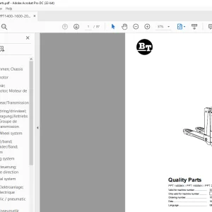 BT Forklift PPT 1400MX / PPT 1600MX / PPT 2000MX Quality Parts Manual
