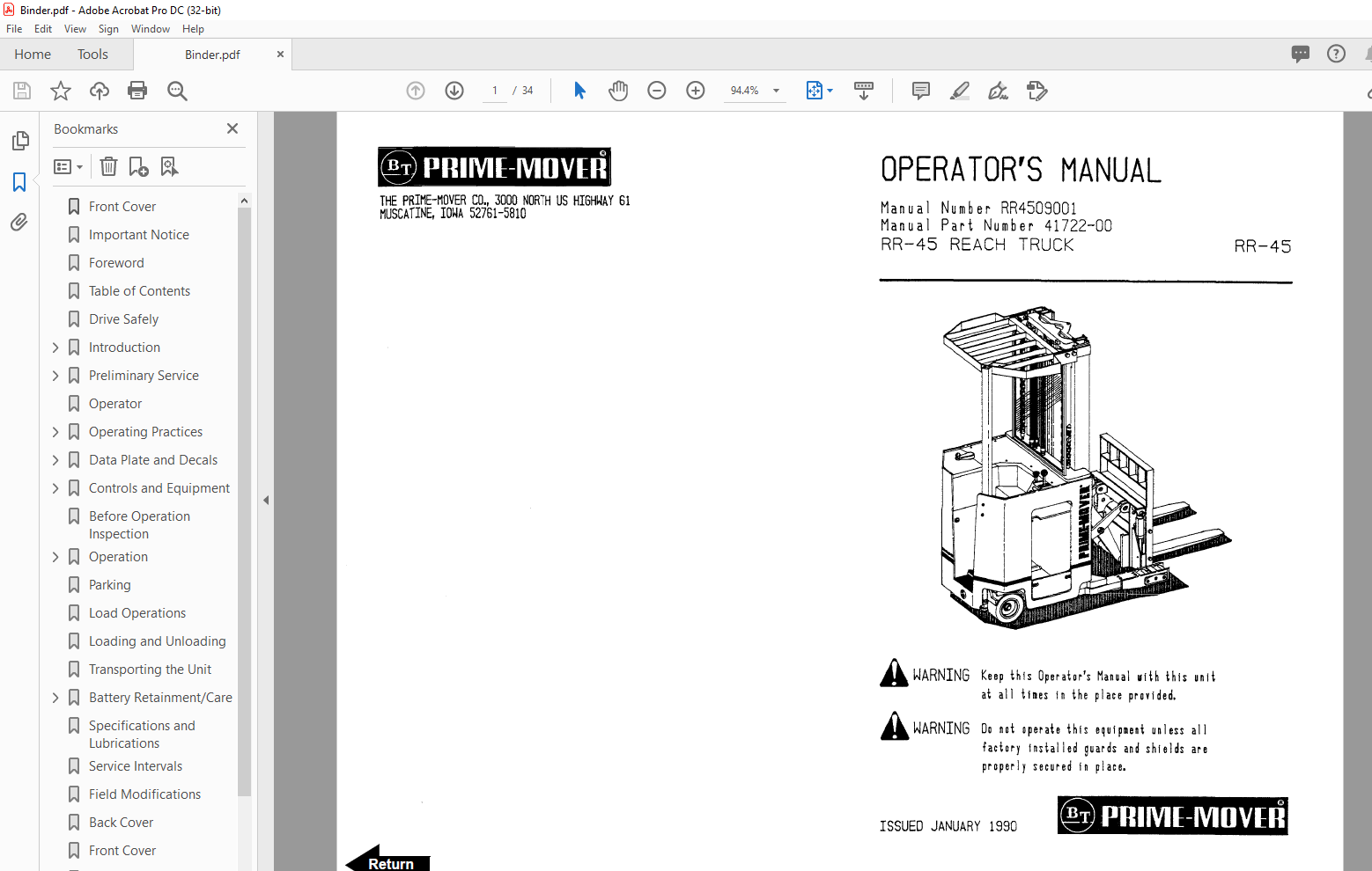 BT Forklift RR-45 Reach Truck Operator`s Manual- PDF DOWNLOAD ...