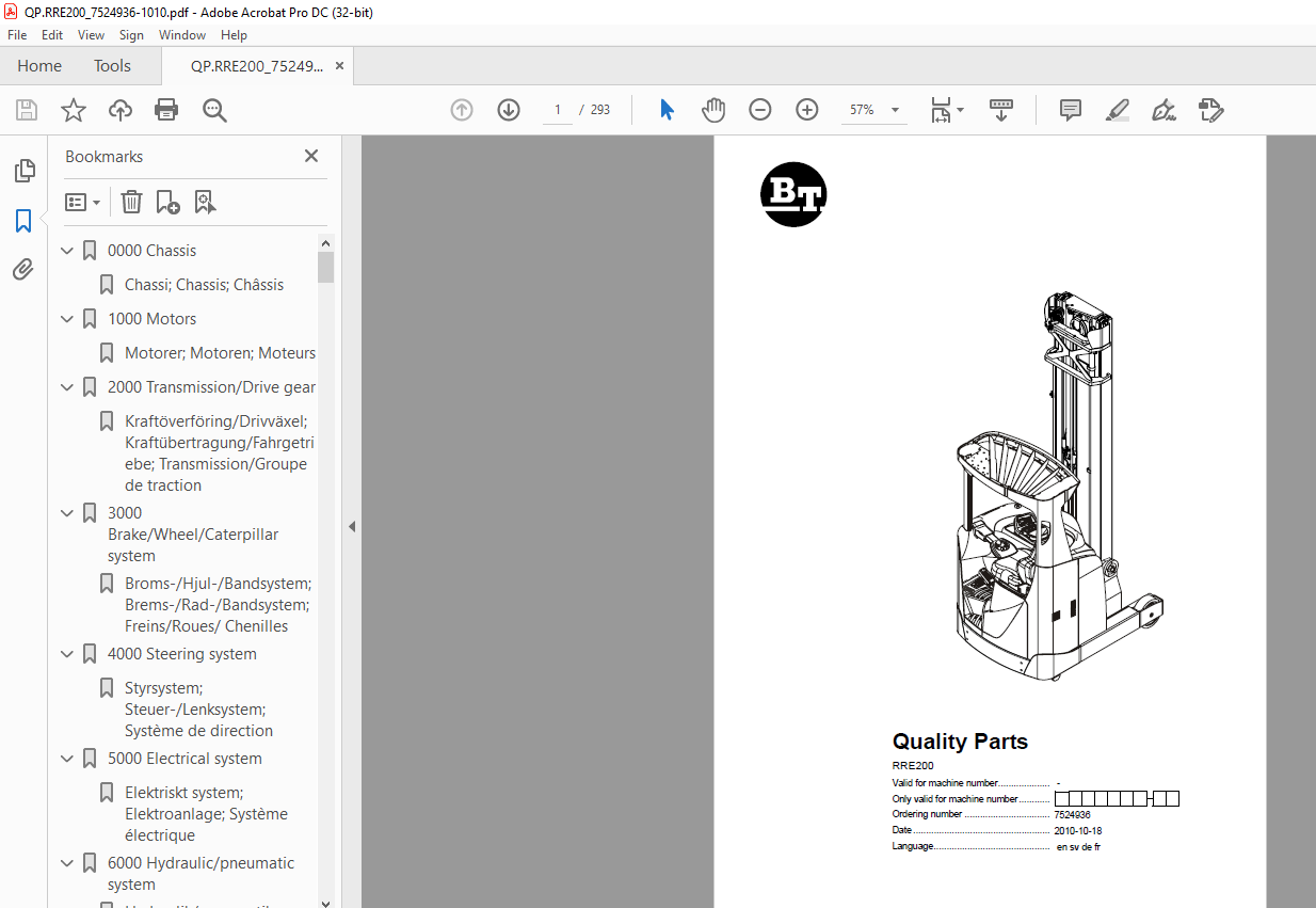 BT Forklift RRE200 Quality Parts Manual 7524936 PDF - HeyDownloads ...