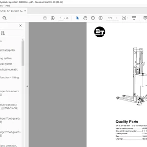 BT Forklift SH 8; SH 8E with 1 or 2 extra hydraulic operation Quality Parts Manual 345093AA