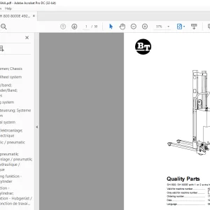 BT Forklift SH 800; SH 800E with 1 or 2 extra hydraulic operation Quality Parts Manual