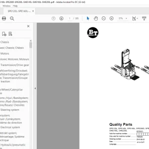 BT Forklift SPE120L, SPE140L, SPE160L, SPE200D, SPE200L, SWE145L, SWE160L, SWE200L Quality Parts Manual