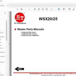 BT Forklift WSX20/25 Electric Walkie Adjustable Straddle Stacker Master Quality Parts Manual