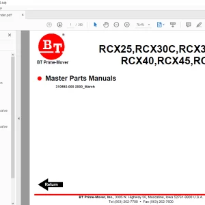 BT Prime-Mover Forklift RCX25,RCX30C,RCX30,RCX35 RCX40,RCX45,RCX50 Master Parts Manual