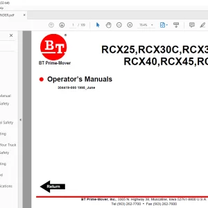 BT Prime-Mover Forklift RCX25,RCX30C,RCX30,RCX35 RCX40,RCX45,RCX50 Operator’s Manual
