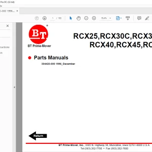 BT Prime-Mover Forklift RCX25, RCX30C, RCX30, RCX35, RCX40, RCX45, RCX50 Parts Manual