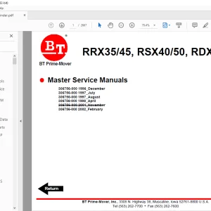 BT Prime-Mover Forklift RRX35 45, RSX40 50, RDX30 Master Service Manual