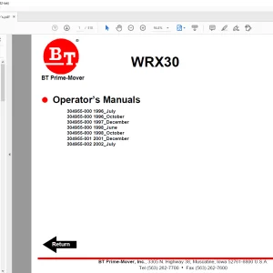 BT Prime-Mover Forklift WRX30 Electric Straddle Reach Stacker Truck Operator’s Manual